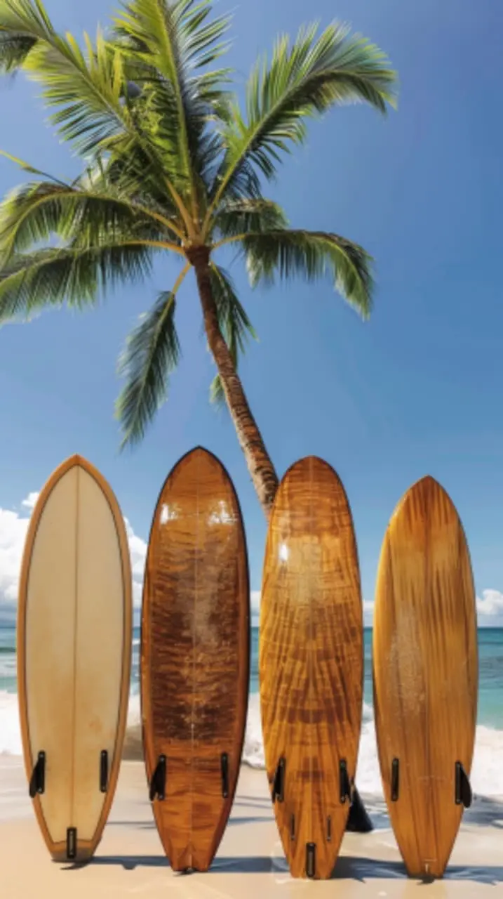 Surfboards and palm tree on a Hawaii beach, the setting for family snorkeling